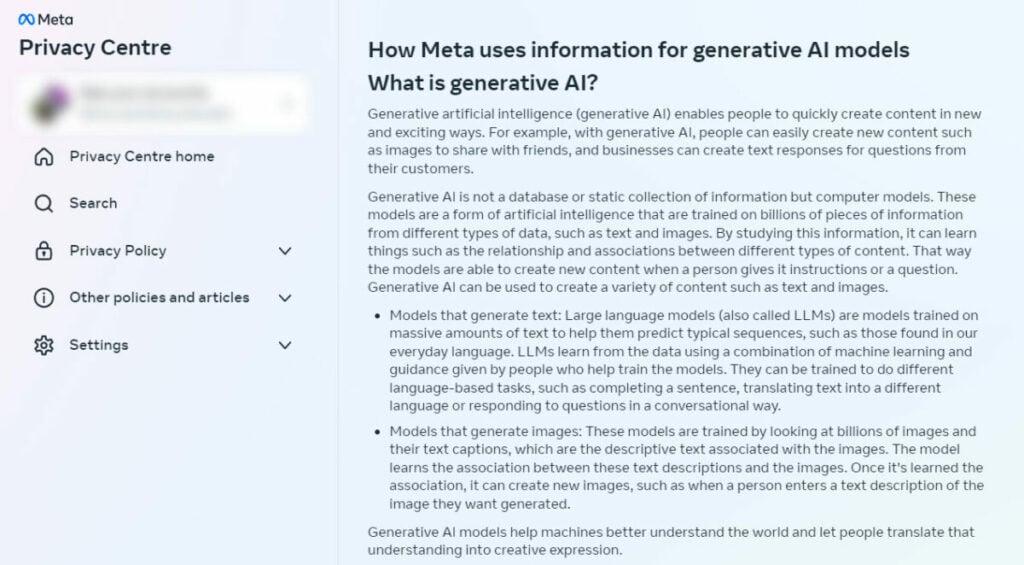 Meta Privacy Centre Facebook Generative Ai