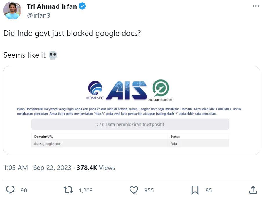 Tri Ahmad Irvan Google Docs Diblokir